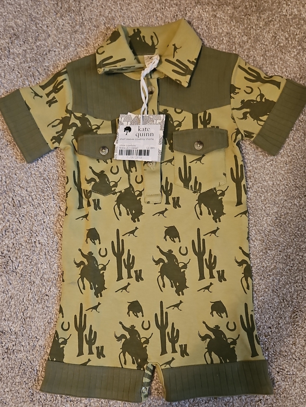 NWT Kate Quinn Olive Cowboy Shortie Romper 12-18M Organic Cotton Western Rodeo